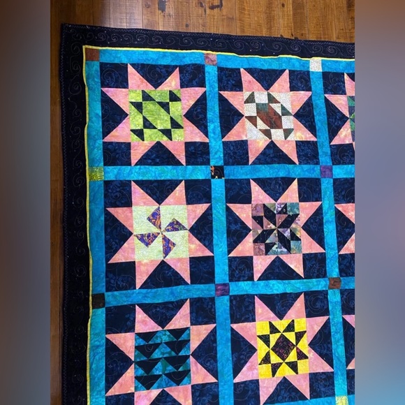 Sawtooth Star Sampler Batik Lap/Throw Quilt 58” x 74” - Picture 2 of 11